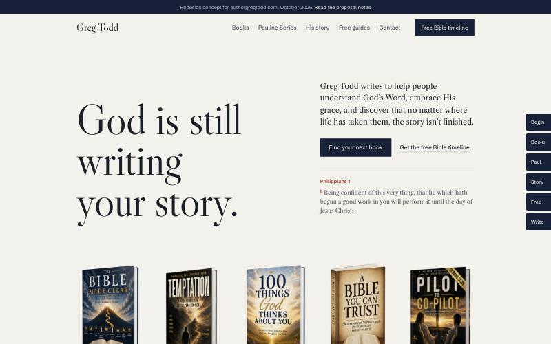 Redesign concept: Caslon headline God is still writing your story, a shelf of five book covers and thumb-index tabs on the right edge