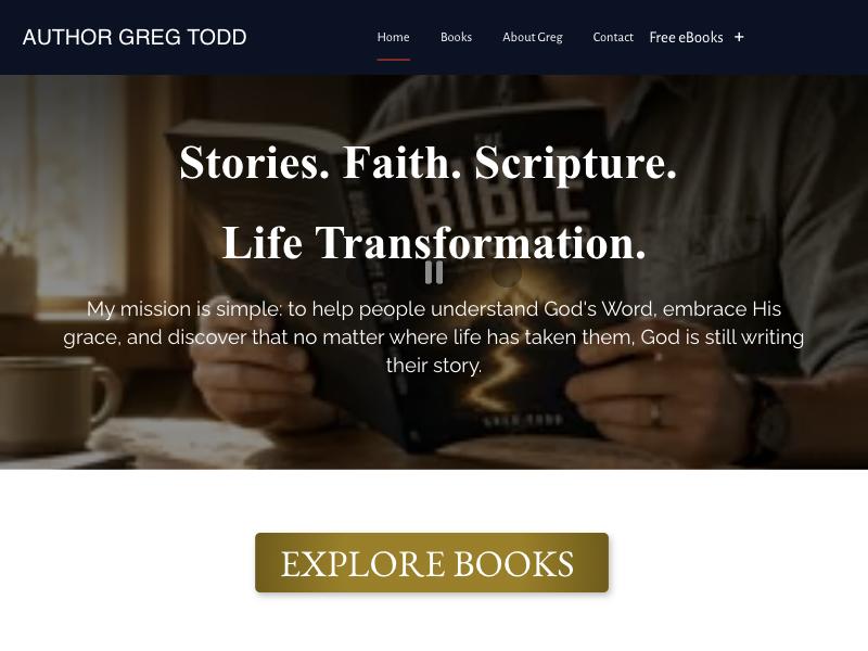 Current homepage: dark blurred photo with centered Times New Roman headline and a video pause button over the text