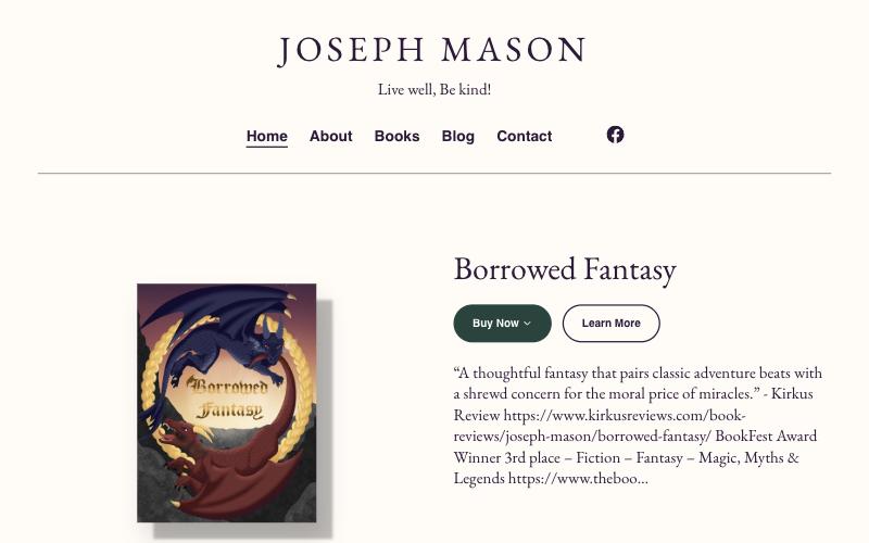 Current homepage on desktop: centered name and nav, book cover left, Kirkus quote with raw URLs right.