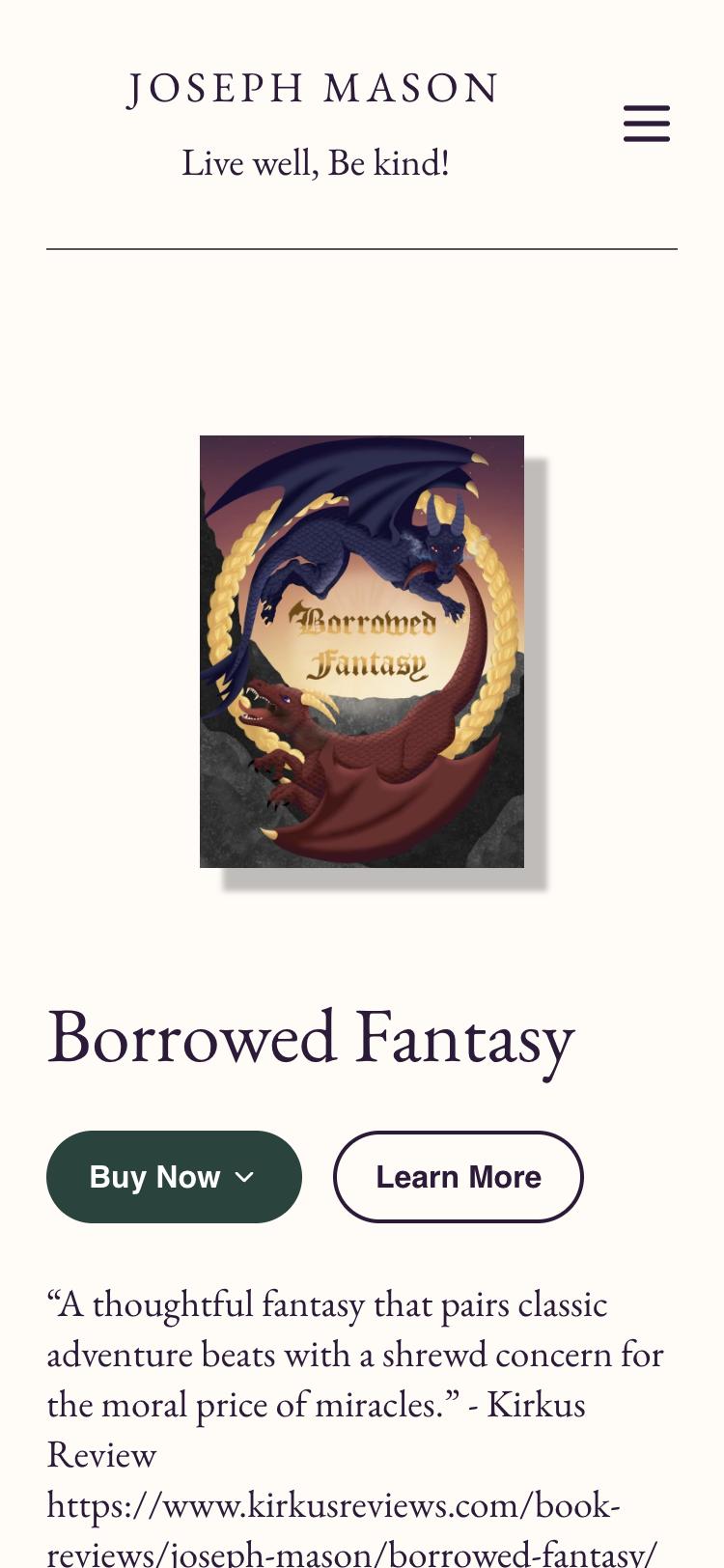 Current homepage on mobile with the book cover and raw review URLs.