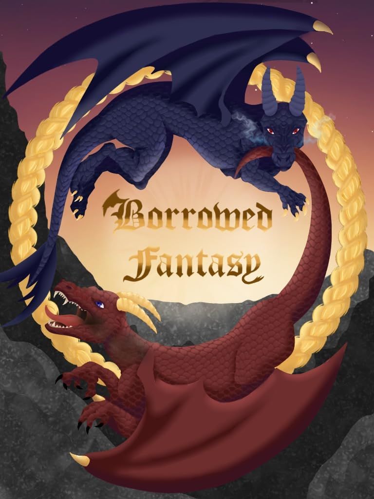 Cover of Borrowed Fantasy: a dark blue dragon and a red dragon circle a golden rope ring against a dusk sky.