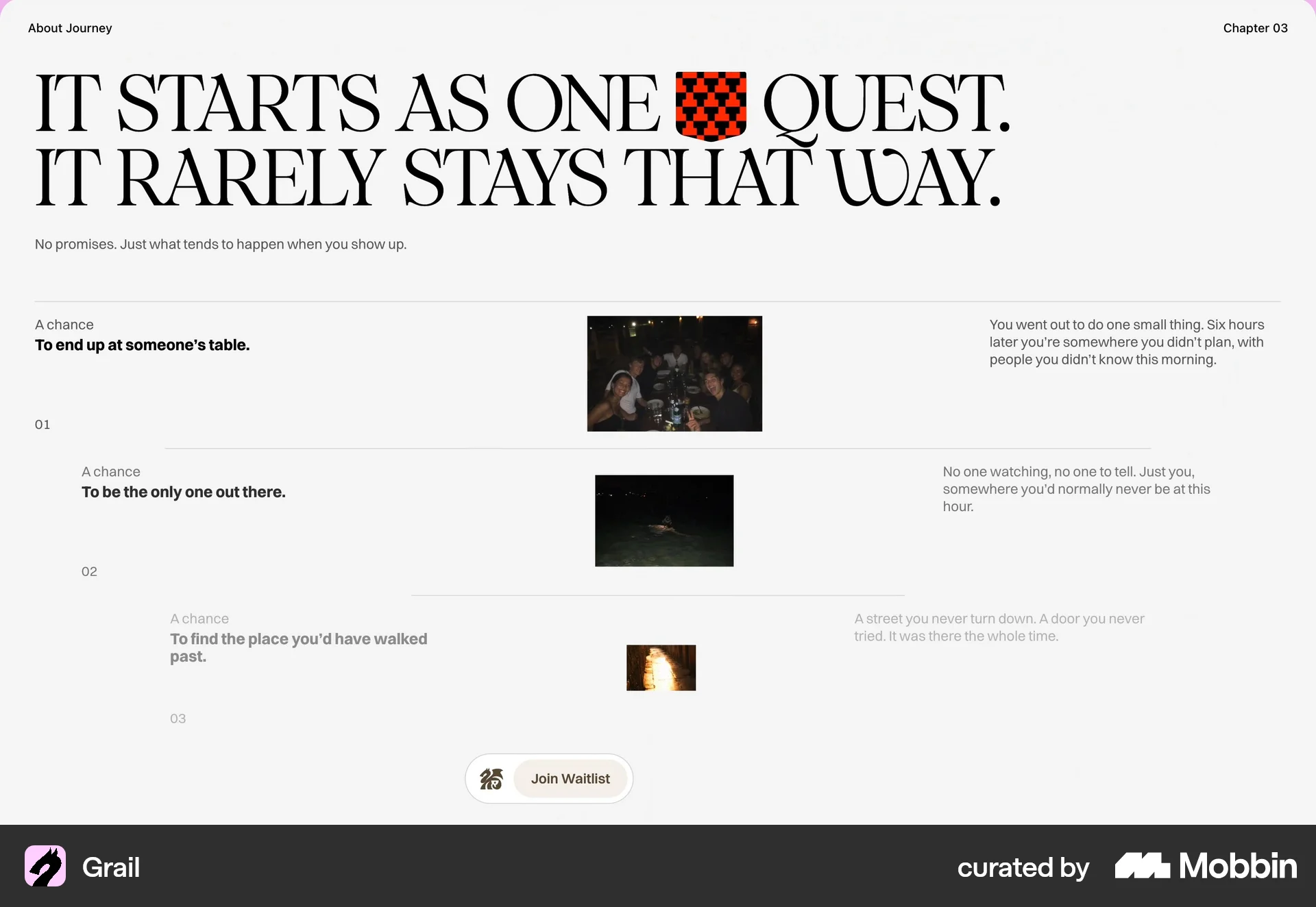 Grail: 'It starts as one quest' headline with numbered chapters stepping across the page.
