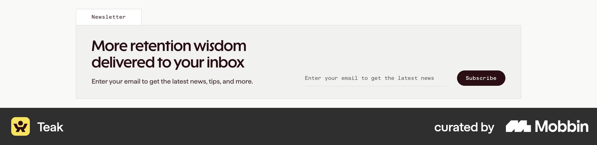 Teak: newsletter panel with a folder-style tab label.