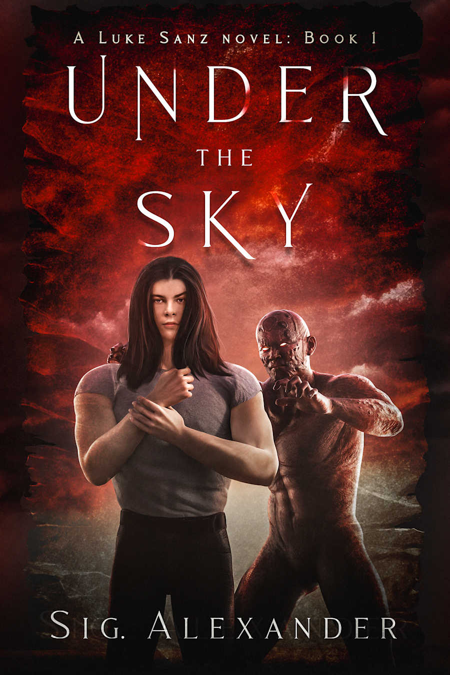Cover of Under the Sky, Luke Sanz Book 1: a long-haired teenager stands in front of a scarred demonic figure under a blood-red sky.