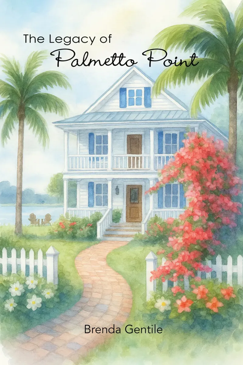Cover of The Legacy of Palmetto Point: a white two-story house with blue shutters, palm trees and red bougainvillea by the water.