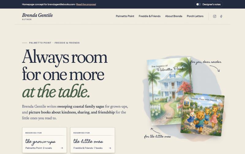 Concept homepage: large headline 'Always room for one more at the table', two place cards for grown-ups and little ones, and both series' covers.