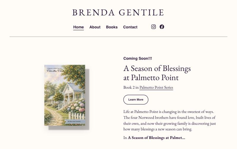 Current homepage: centered name, a small cover, a 'Coming Soon!!!' label and a 'Learn More' button.
