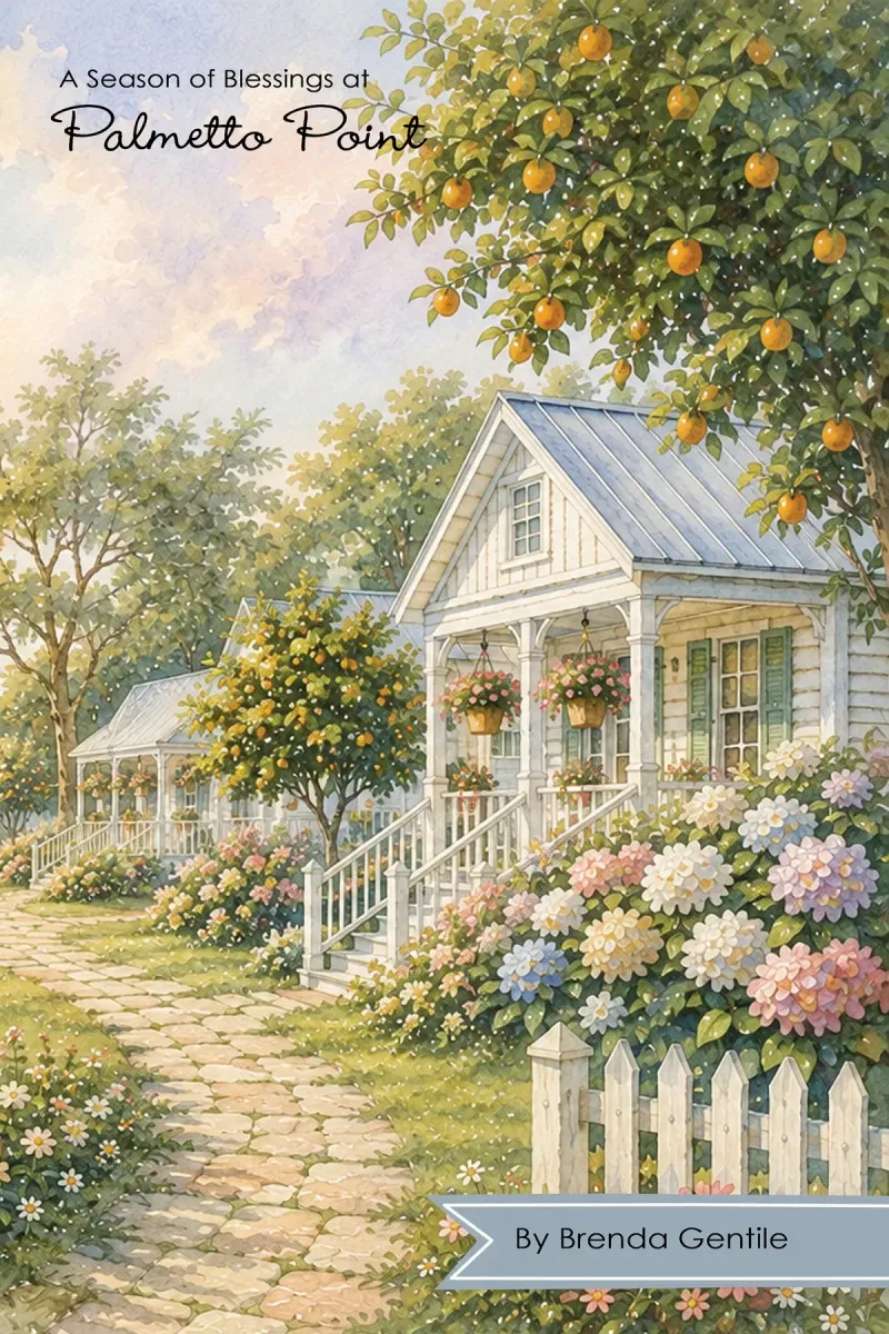 Cover of A Season of Blessings at Palmetto Point: a white cottage with a picket fence, hydrangeas and an orange tree.