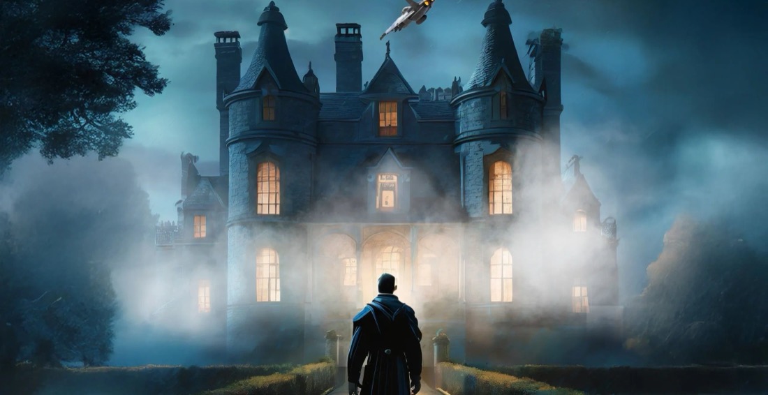 A fog-wrapped manor at night, windows lit.