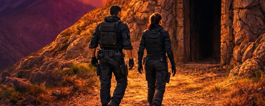 Two armed figures walking toward a hidden door in a mountainside at sunset.