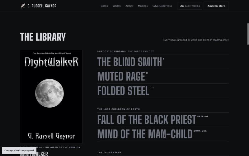 Proposed library: large uppercase titles grouped by world on the right, with the NightWalkeR cover shown in a panel on the left.