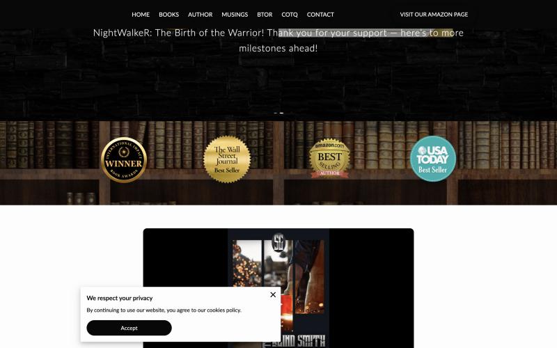Live site: four award and bestseller seals placed over a photo of an old bookshelf.
