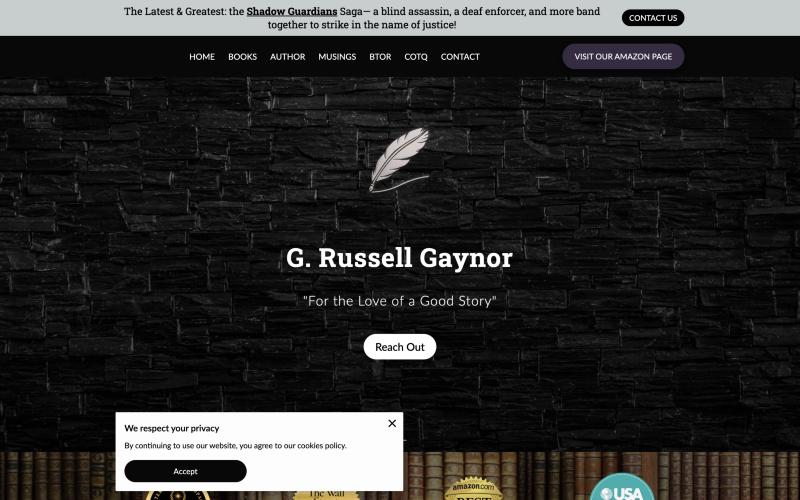 Live homepage hero: quill logo and the author's name over a black stone-wall photo, with a cookie notice covering the lower left.
