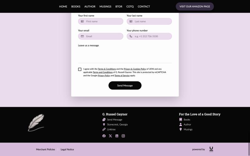 Live site footer on a lavender band, with the name misspelled as G. Russel Gaynor.