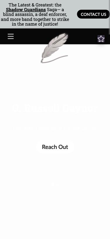 Live site on a phone: white page, quill logo overlapping the menu bar, the author's name barely visible as white on white.