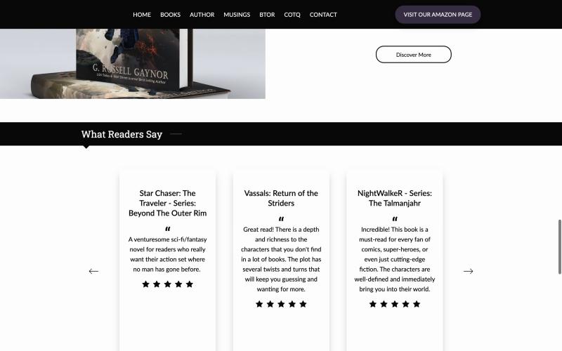 Live site: three review cards with short quotes, star ratings and large empty space at the bottom of each card.