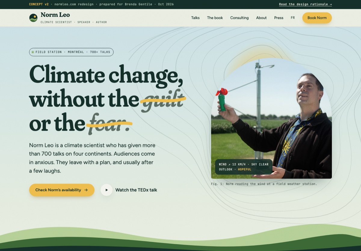Redesigned first screen: bold headline with guilt and fear crossed out, Norm at a weather station, one yellow booking button