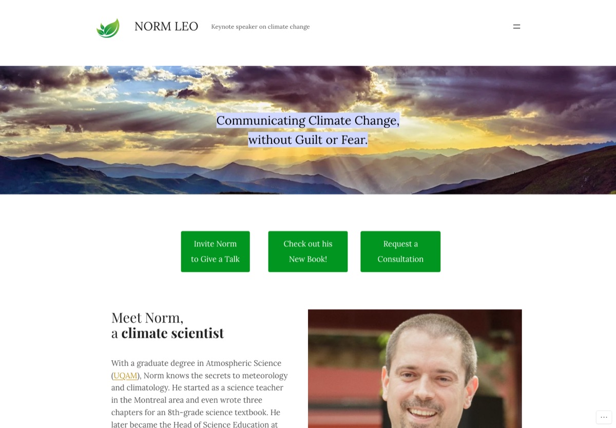 Current normleo.com first screen: stock sunset banner, highlighted headline, three equal green buttons