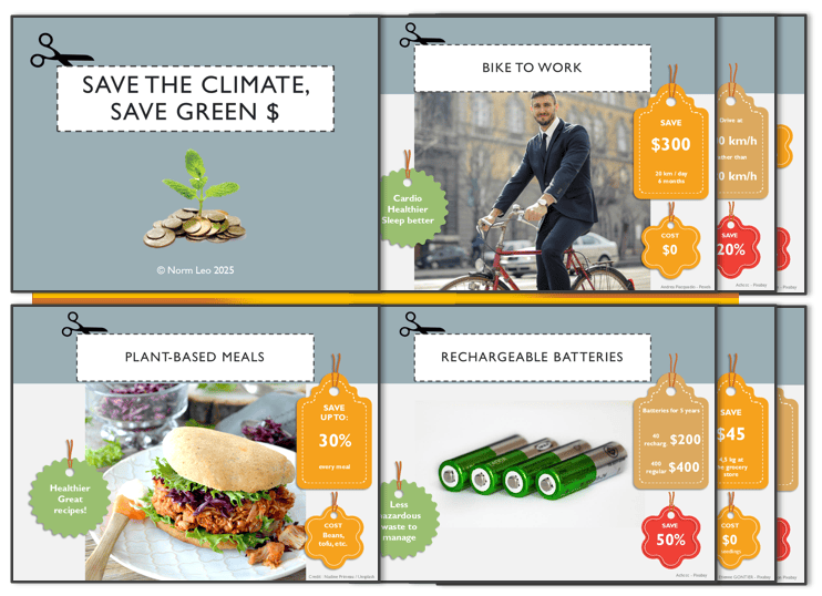 Pages from the free guide Save the Climate, Save Green, showing savings tags for biking to work, plant-based meals and rechargeable batteries